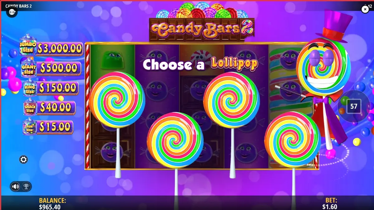 Candy Bars 2 slot machine interface na may makukulay na kendi at chocolate bars